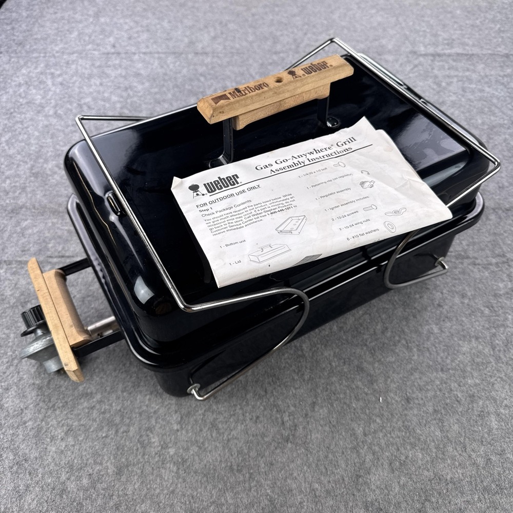 Vintage Weber Marlboro Gas Go-Anywhere Portable Propane Grill Black Camping BBQ